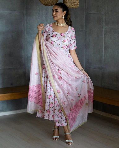 Stylish suit set adorned with pink rose motifs
