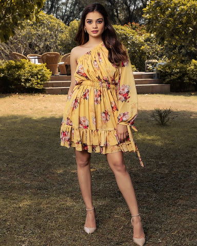 Sunny yellow dress adorned with vibrant floral patterns