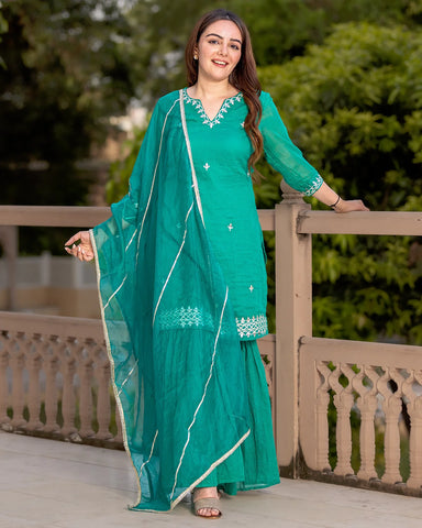 Teal Embroidered Sharara Suit Set for Classic Charm in Doria Fabric