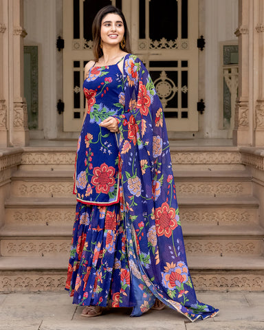 Traditional Blue Georgette Sharara Suit Set with Delicate Floral Embroidery