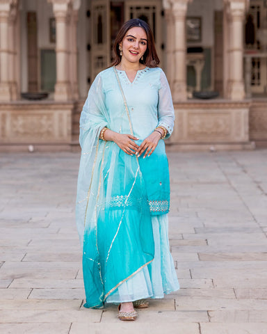 Traditional Indian Blue Sharara Suit Set with Kaccha Gota Work on Doriya