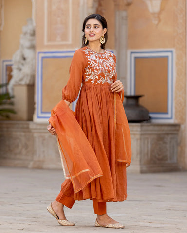 Traditional Indian Rust Kaccha-gota Anarkali Dress in Doria