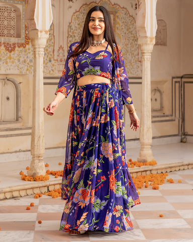 Trendy blue lehenga set adorned with a fashionable Florian jacket