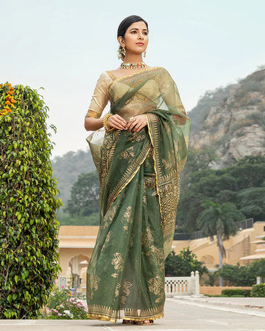 Trendy green saree adorned with beautiful gold foil print