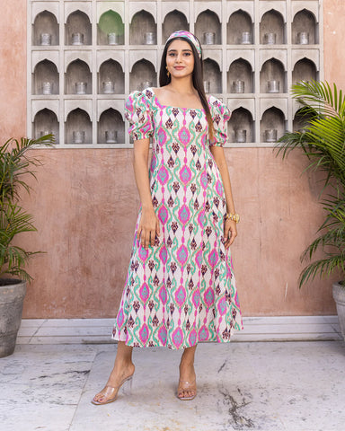 Trendy white dress showcasing vibrant Ikat patterns, adding a pop of color to your wardrobe