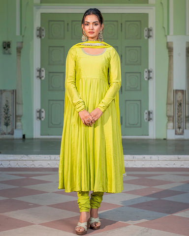 Vibrant fluorescent Chanderi suit set for a bold and eye-catching look.