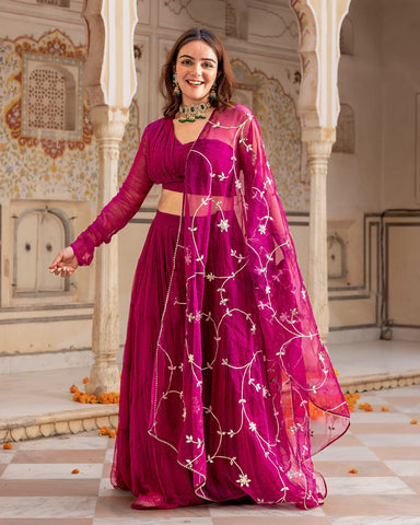 stylish purple lehenga set with an elegant one-shoulder look