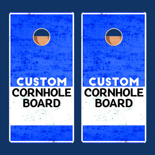 Two custom blue and white cornhole boards with a circular hole on top.