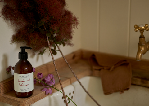 Sandalwood and Labdanum hand lotion by sink