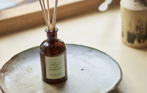 Vetiver and lavender diffuser on countertop.