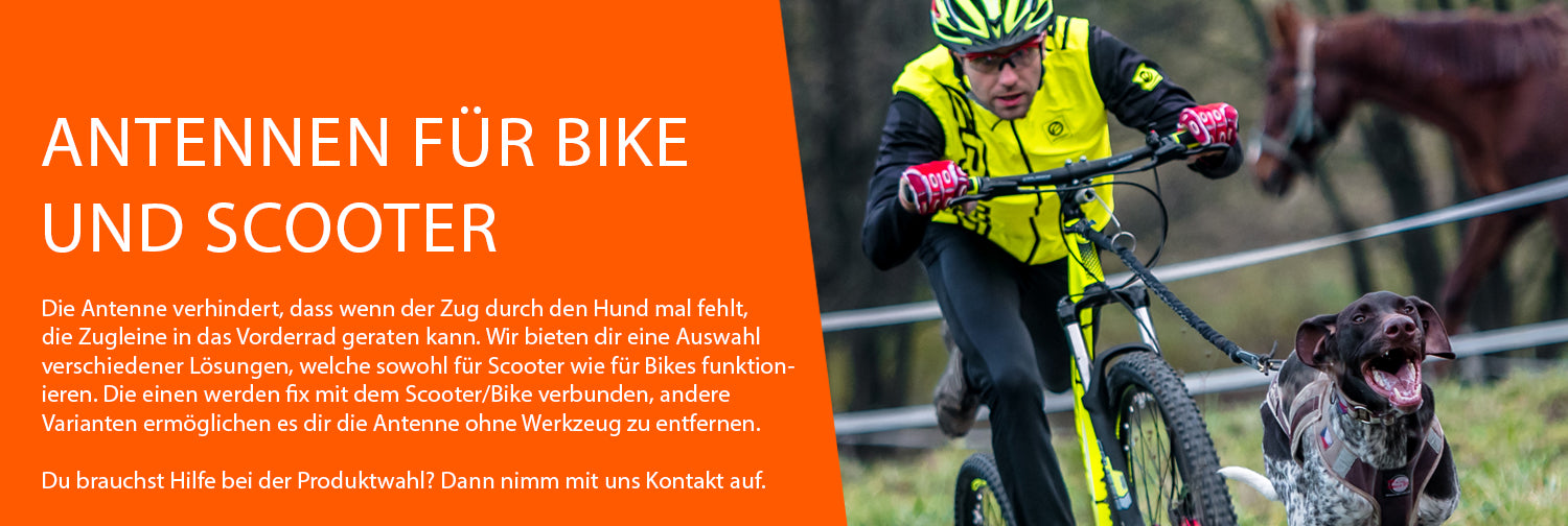 Die Antenne verhindert,&nbsp;dass wenn der Zug durch den Hund mal fehlt, dass die Zugleine in das Vorderrad geraten kann. Wir bieten dir eine Auswahl&nbsp;verschiedener Lösungen, welche sowohl für Scooter wie auch für Bikes funktionieren. Die einen werden fix mit dem Scooter/Bike verbunden oder ermöglichen es dir die Antenne ohne Werkzeug zu montieren oder entfernen.&nbsp;Weiter&nbsp;haben wir verschiedene Karabiner aus dem Klettersport im Angebot. Diese garantieren ein Maximum&nbsp;an Stabilität.