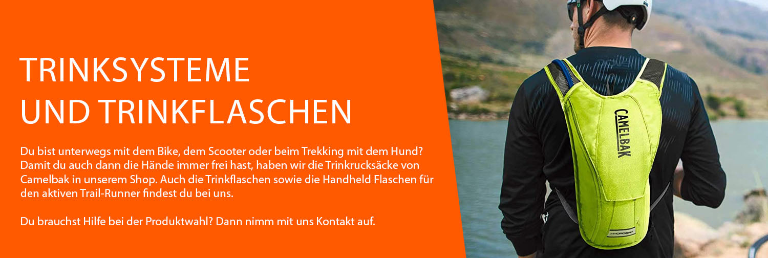 Du bist unterwegs mit dem Bike, dem Scooter oder beim Trekking mit dem Hund? Damit du auch dann die Hände immer frei hast, haben wir die Trinkrucksäcke von Camelbak in unserem Shop. Auch die Trinkflaschen sowie die Handheld Flaschen für  den aktiven Trail-Runner findest du bei uns.