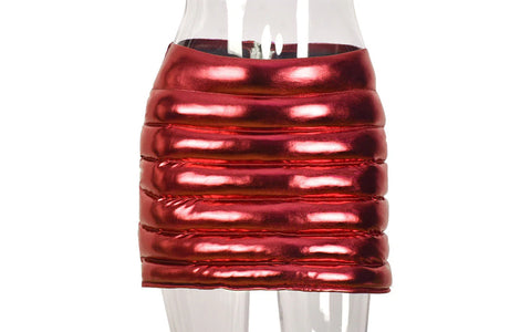 Red Women's Puffer Skirts Metallic Shiny Warm Quilted Mini Skirt