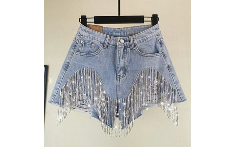 Summer Ripped Jeans Short Femme High Waist Diamond Tassel Y2k Casual