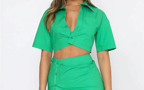 Y2K Green Mini Bodycon Dress Shirt Sexy Short Sleeve Hollow Out