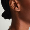 Close-up of a woman's ear wearing Mini Heart Pavé Diamond Stud Earrings, handcrafted in 14k solid gold, showcasing their intricate and playful design.