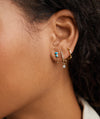 Close-up of a woman's ear wearing the Bezel Turquoise Chain Stud, a 14k gold earring with turquoise gemstones and a decorative chain.