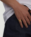 Victory Signet Ring adorned with wing motifs, symbolizing strength and agility, worn on a person's finger, showcased in a fashion-forward style.