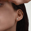 Close-up of a woman's ear wearing a Lab Grown Sapphire Emerald Cut Stud earring, showcasing the elegant and classic design.