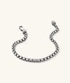 Silver Round Box Chain Bracelet with a clasp, designed for everyday wear. Pairs well with the Round Box Chain Necklace.