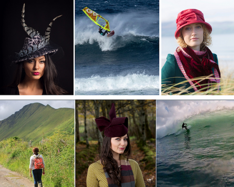 Collage imagine of Hats, Kathleens sun windsurfing, Kathleen out walking and some more hats.