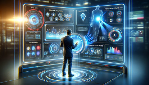 A digital illustration of a futuristic sales dashboard, displaying real-time analytics and predictive insights, with AI algorithms processing data in the background. A sales professional is interacting with the dashboard, selecting personalized strategies for customer engagement.