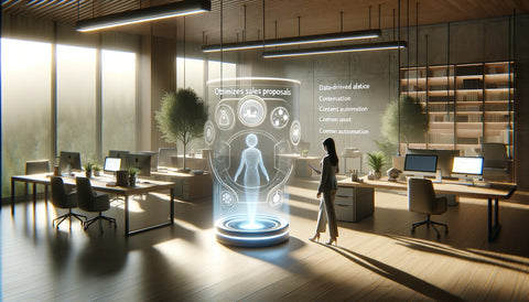 A serene office environment where a sales professional uses a voice-activated AI assistant to optimize sales proposals, with a virtual assistant hologram providing data-driven advice and content automation suggestions.