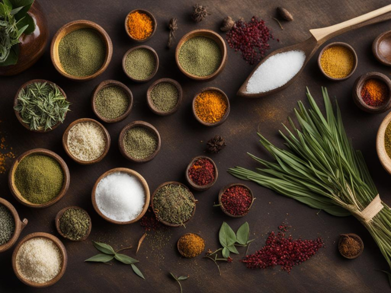 Herbs and spices lay on a table