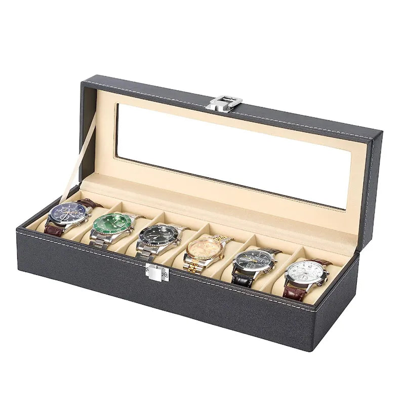 6 Slot PU Leather Watch Box Display Case Jewelry Organizer with Glass Top Design & Casa 6 slot