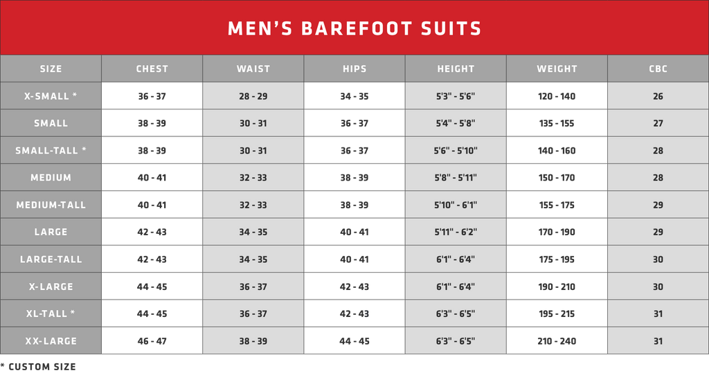 Men's Barefoot Suits - Size Guide