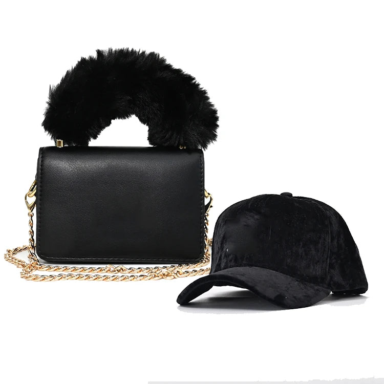 Mini Fur Handbag & Hat Set:  Mini Bags Purse Handbags Fashion Bags Crossbody Bag Fur Purse and Hat Set