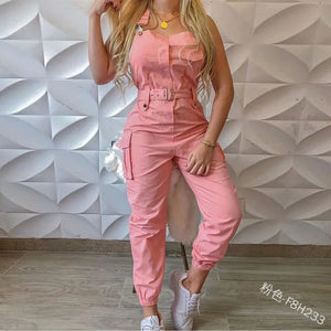 Autumn Women's Clothing Bodysuit Jumpsuit 2023 Simple Zipper Cargo High Waisted Conjoined Body Pants Sleeveless Strap Trousers - YB Gift Store