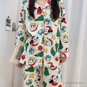 Disney Christmas Mickey Pajamas 2 Piece Set Women Long Sleeve Top Shirts Loose Trousers Y2k Home Clothes Cartoon Trend Sleepwear - YB Gift Store