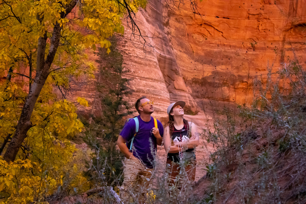 Two people looking up at the bright canyon walls