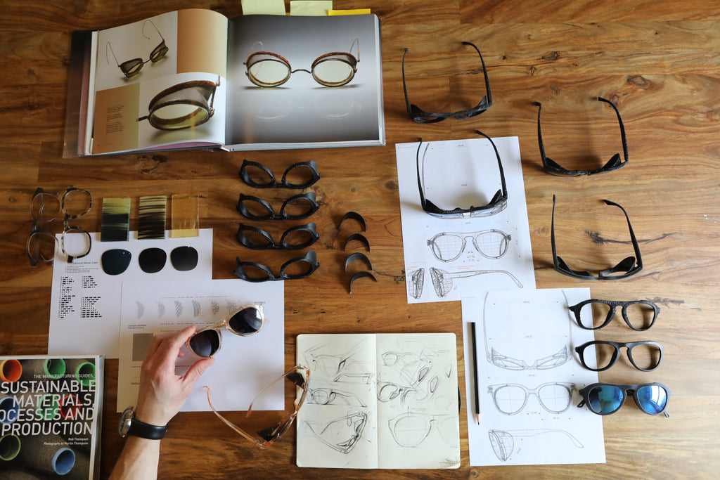 full view of the design sketch and development process for sunglasses