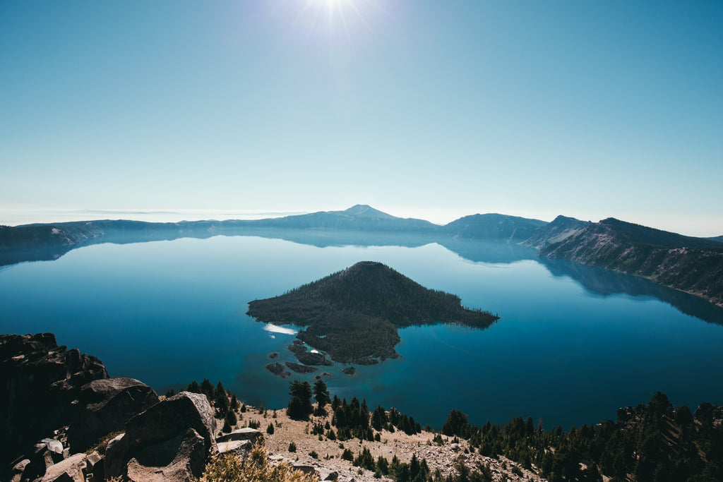 Elevated view of sunny Crater Lake