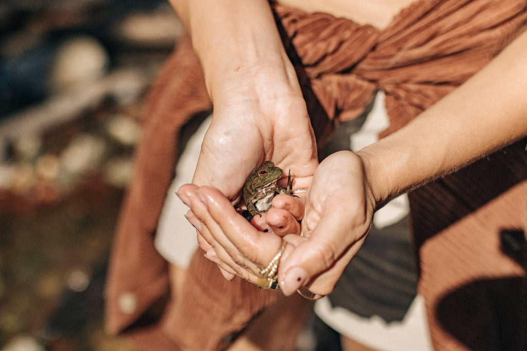 Holding a little frog while out on a hike