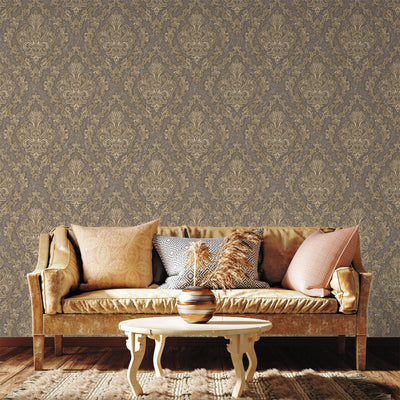 Beautiful Brown Damask Shiny Embossed Plain Wallpaper, 3D Washed Textured, Non-Woven, Non-Pasted, Large 114 sq ft Roll, Washable, Removable - Walloro Luxury 3D Embossed Textured Wallpaper 