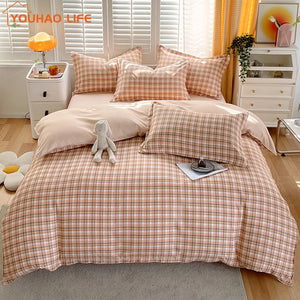 Brushed Microfiber Bedding Set, 1 Duvet Cover, 1 Flat Sheet, 2 Pillowcases, Twin, Full, Single, Double,King,Orange Plaid, 4Pcs - GloballySourcedProducts.com