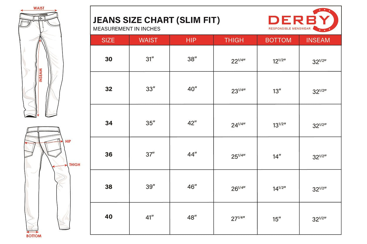 Jeans Slim Fit Size Chart – Derby Clothing Pvt. Ltd.