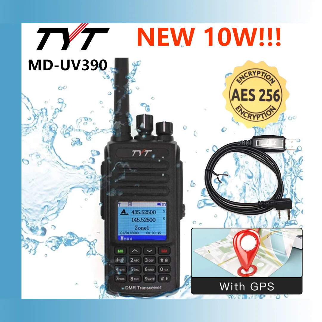 NEW 10W AES256 Encryption TYT MD-UV390/UV380 DMR Walkie Talkie VHF/UHF Dual Band GPS IP67 Waterproof Digital Walkie Talkie