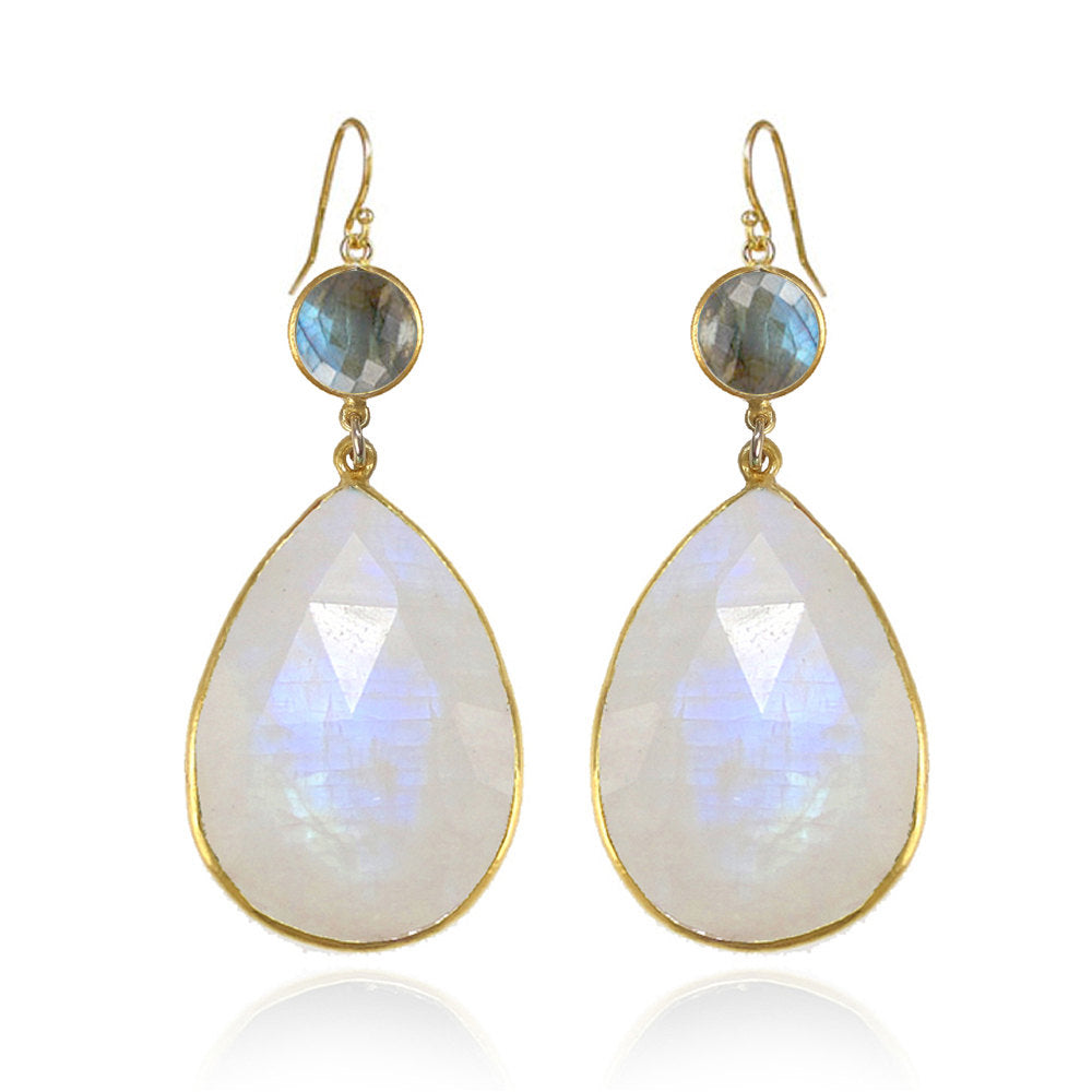 Estate Moonstone & Sapphire 14K Gold Drop Earrings