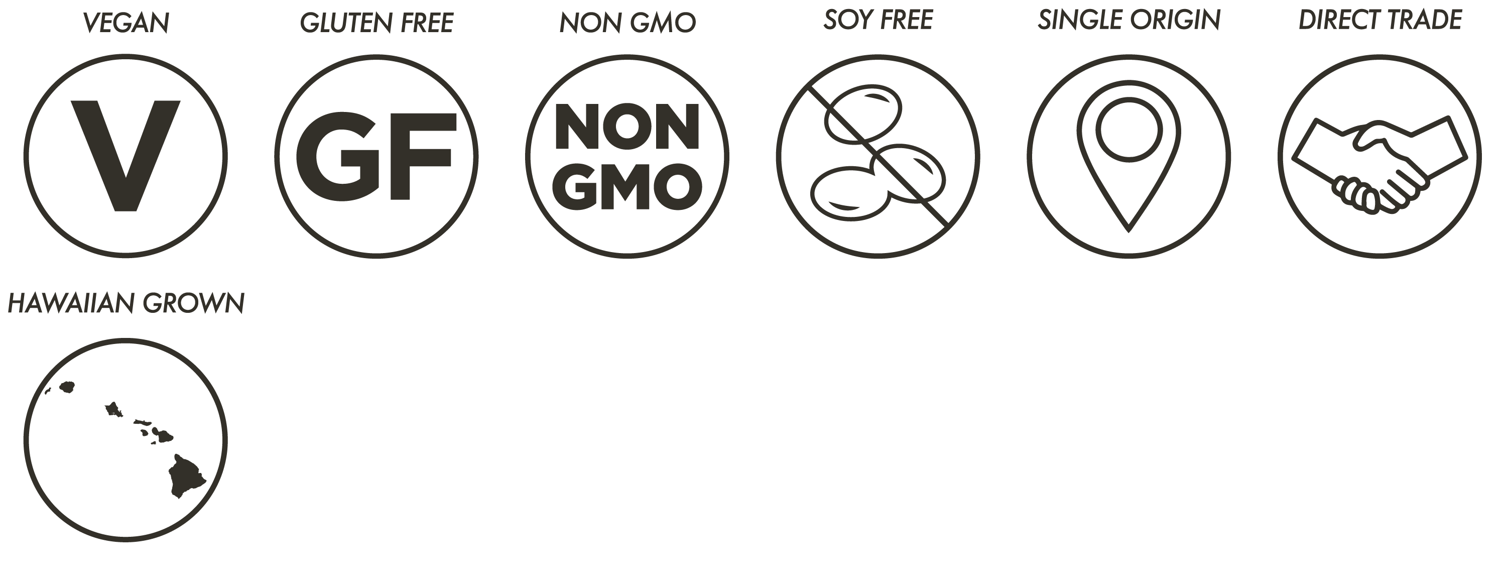 vegan, gluten-free, non-gmo, soy free, single origin, direct trade, hawaiian grown