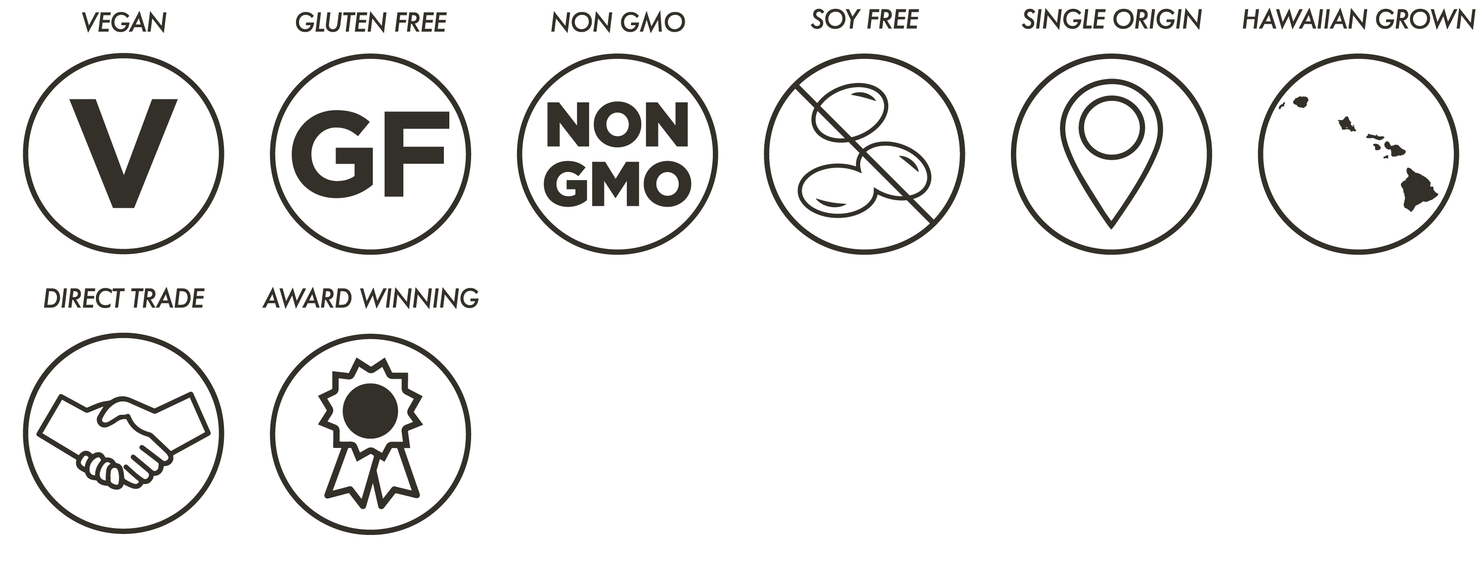 vegan, gluten-free, non-gmo, soy free, single origin, direct trade, hawaiian grown, award winning