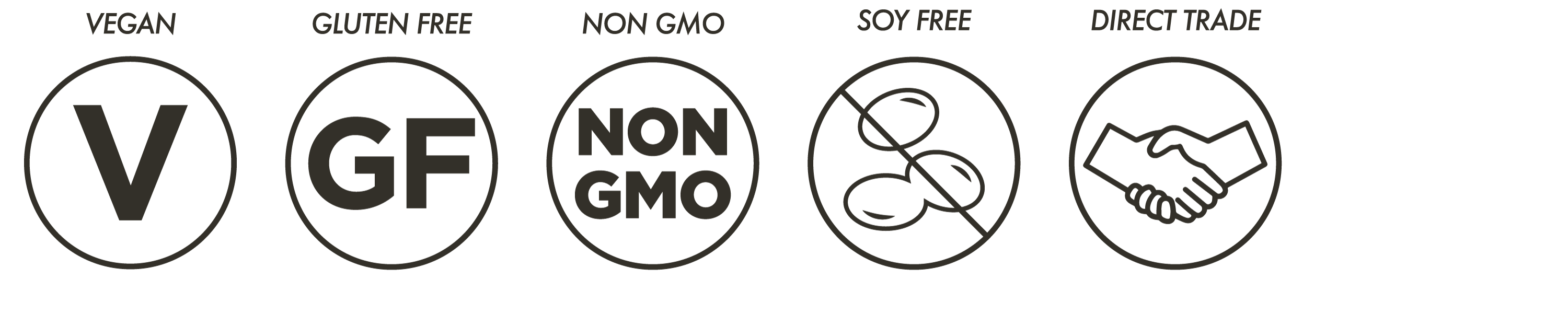 vegan, gluten-free, non-gmo, soy free, direct trade