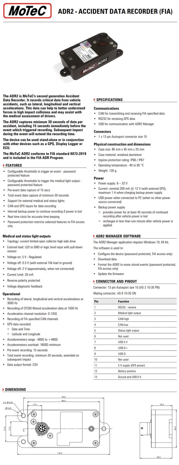 MoTeC FIA Accident Data Recorder V2 (ADR2)