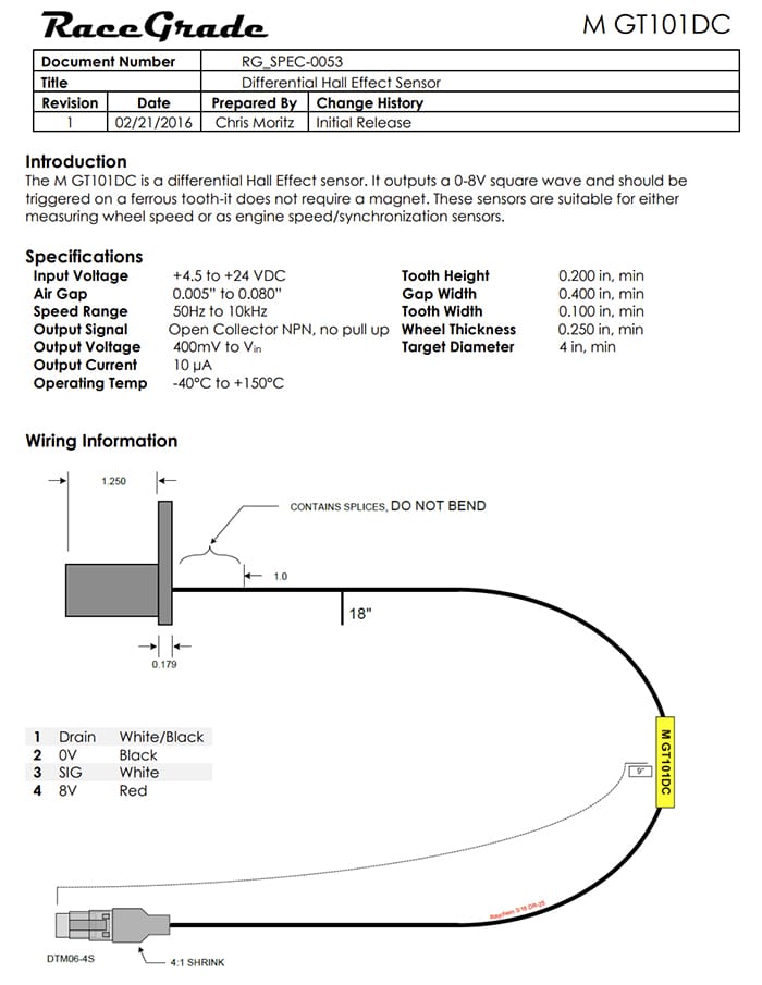 RaceGrade Hall Effect Wheel Speed GT101DC