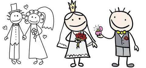Basic wedding dress drawings by children showing the bride and groom dressed in the wedding clothes