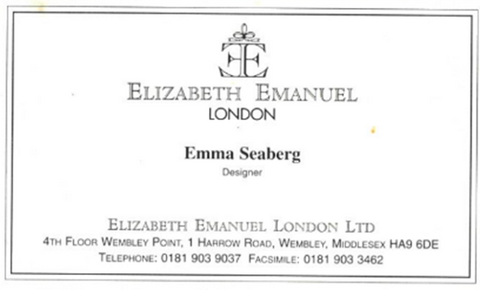 Emma Seaberg first business card for her designer role at Elizabeth Emmanual