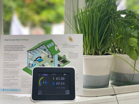 Smart meter dashboard showing electricity and gas energy consumption on kitchen window sill, next to herb plants. Laundry drying outside in background.
